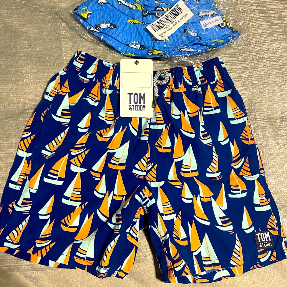 Tom & Teddy Boys Bathing Suit Trunks with back pocket NWT comes with free hat!